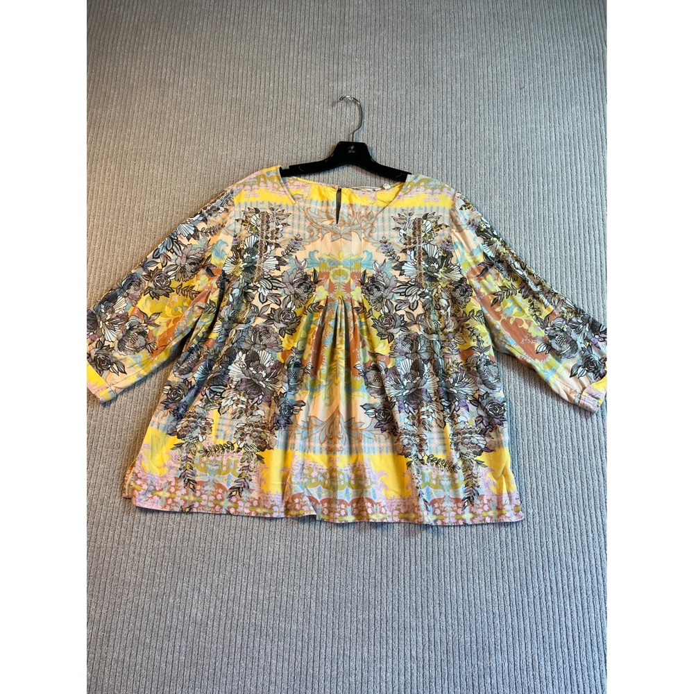 Soft Surroundings Top Womens 1X Yellow Floral Boho Paisley 3/4 Sleeve Blouse